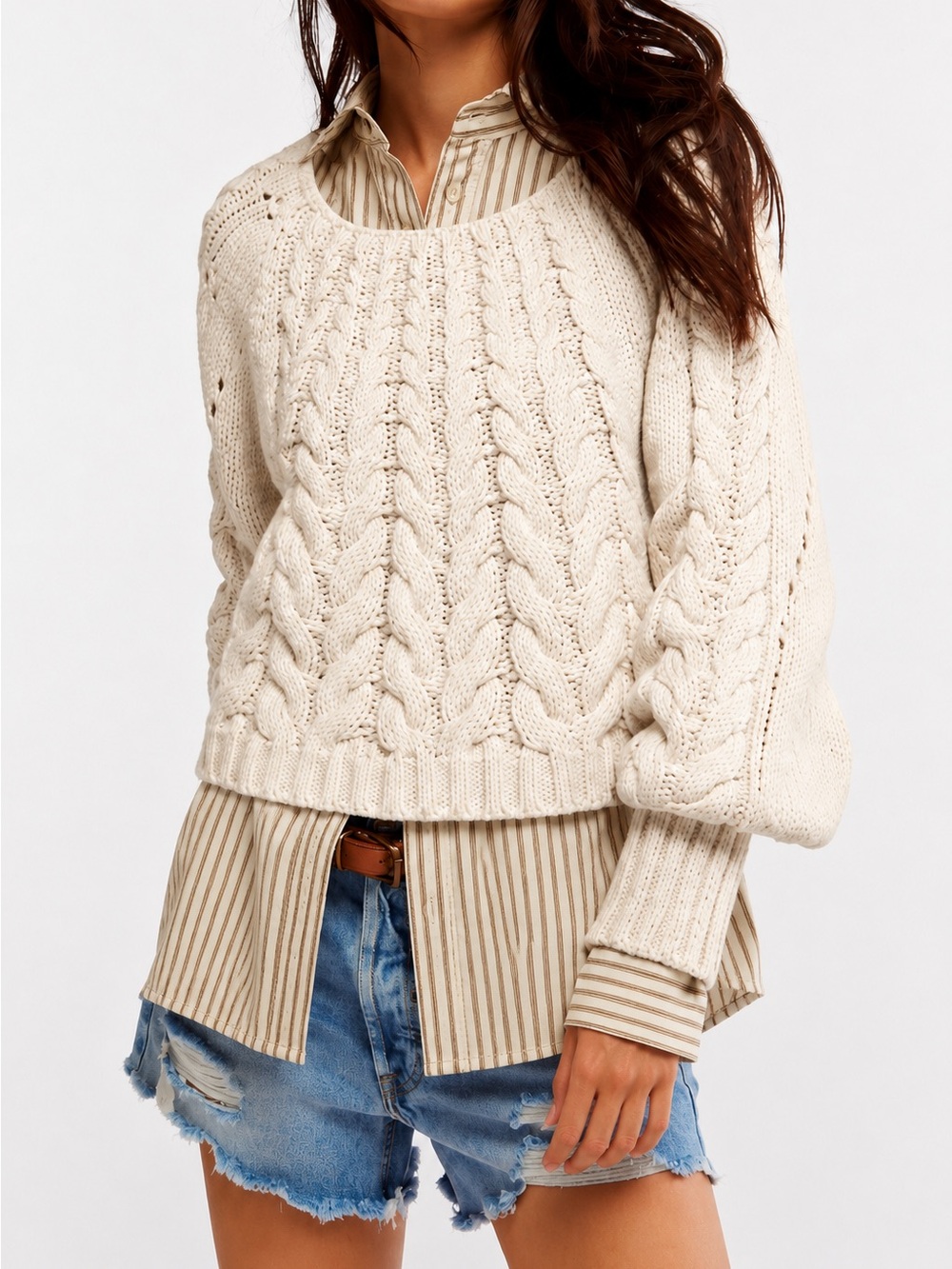 Free People Sandre Cable knit sweater cream/White Cottagecore Layering cozy L